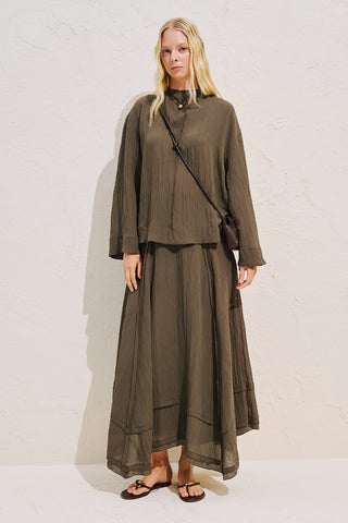 Draped Wide Sleeve Blouse Brown