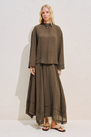 Draped Wide Sleeve Blouse Brown