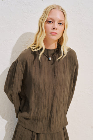 Draped Wide Sleeve Blouse Brown