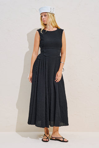 Textured Sleeveless Dress With Side Tie Black