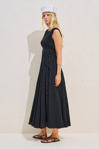 Textured Sleeveless Dress With Side Tie Black
