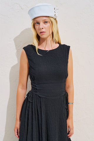 Textured Sleeveless Dress With Side Tie Black