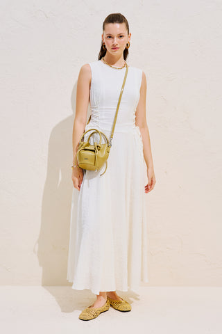 Textured Sleeveless Dress With Side Tie Ecru