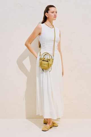 Textured Sleeveless Dress With Side Tie Ecru