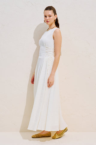 Textured Sleeveless Dress With Side Tie Ecru