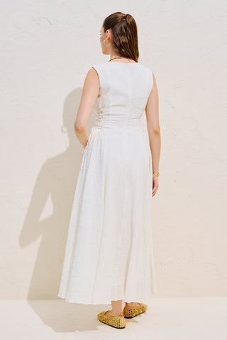 Textured Sleeveless Dress With Side Tie Ecru