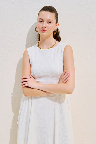 Textured Sleeveless Dress With Side Tie Ecru