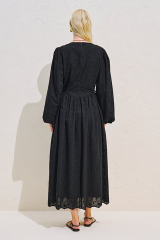 Polina Embroidered Tie Dress Black