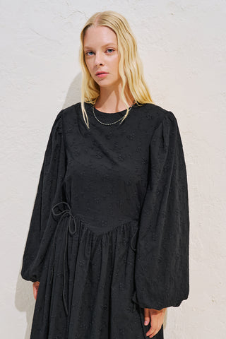 Polina Embroidered Tie Dress Black