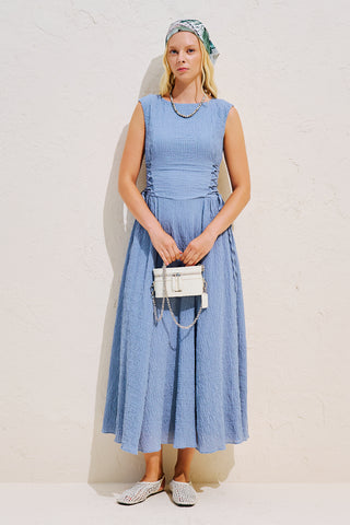 Textured Sleeveless Dress With Side Tie Blue