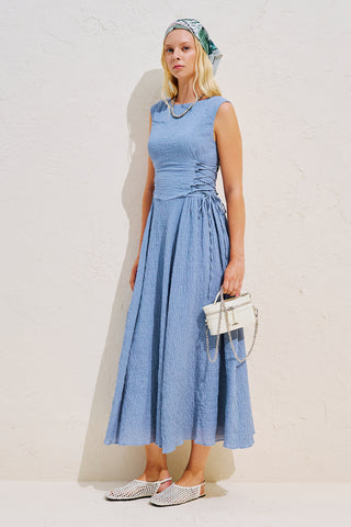 Textured Sleeveless Dress With Side Tie Blue