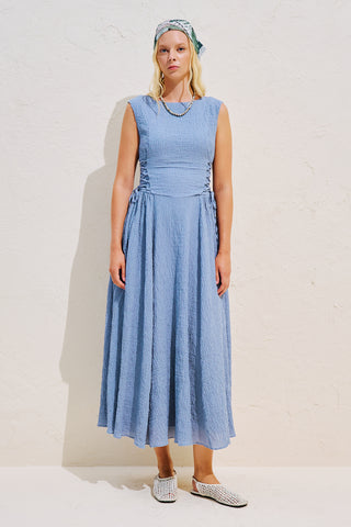 Textured Sleeveless Dress With Side Tie Blue