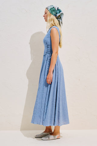 Textured Sleeveless Dress With Side Tie Blue