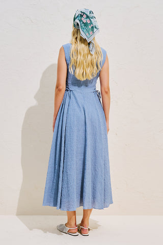 Textured Sleeveless Dress With Side Tie Blue