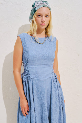 Textured Sleeveless Dress With Side Tie Blue