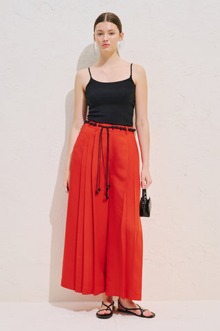 Linen Blend Wide Pleated Trousers Red