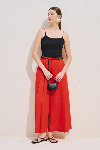 Linen Blend Wide Pleated Trousers Red