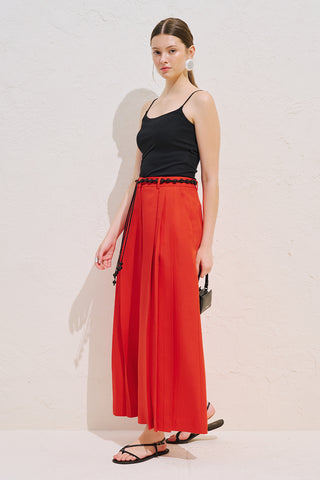 Linen Blend Wide Pleated Trousers Red