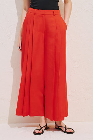 Linen Blend Wide Pleated Trousers Red