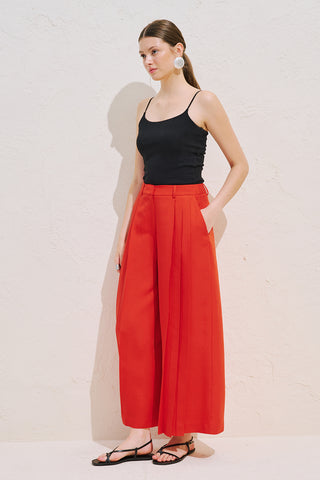 Linen Blend Wide Pleated Trousers Red