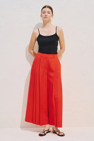 Linen Blend Wide Pleated Trousers Red