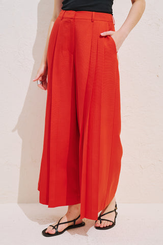 Linen Blend Wide Pleated Trousers Red