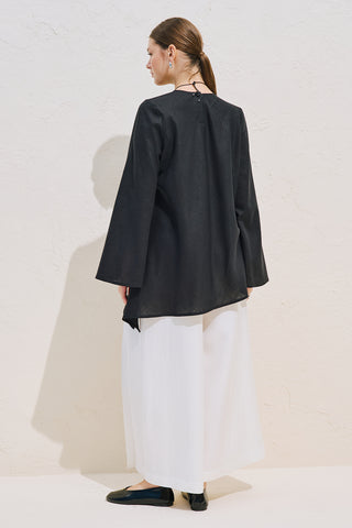 Linen Blend Asymmetric Blouse Black