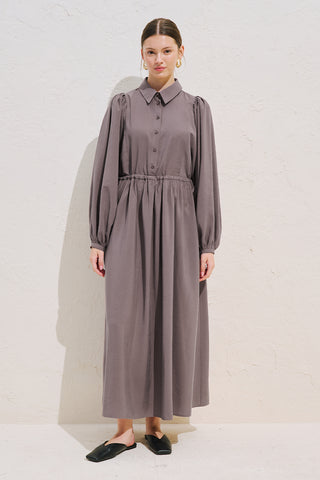 Draped Balloon Sleeve Dress With Adjustable Waist Dusty Rose