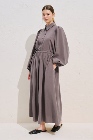 Draped Balloon Sleeve Dress With Adjustable Waist Dusty Rose