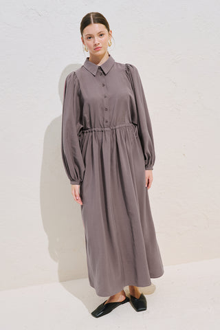 Draped Balloon Sleeve Dress With Adjustable Waist Dusty Rose