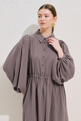 Draped Balloon Sleeve Dress With Adjustable Waist Dusty Rose