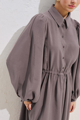 Draped Balloon Sleeve Dress With Adjustable Waist Dusty Rose