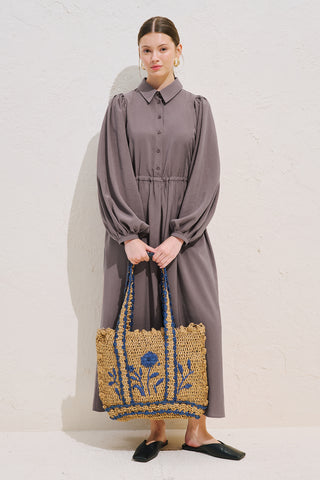 Draped Balloon Sleeve Dress With Adjustable Waist Dusty Rose