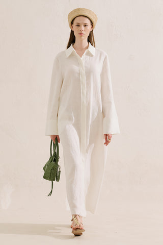 Linen Belted Shirt Dress Ecru