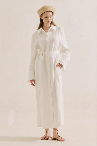 Linen Belted Shirt Dress Ecru