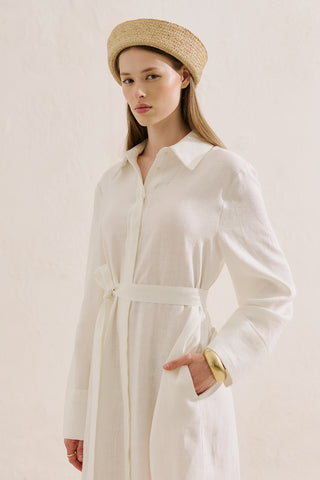 Linen Belted Shirt Dress Ecru