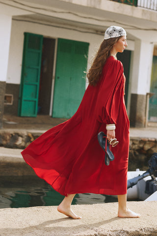 Wide Sleeve Maxi Dress With Trim Detail Red
