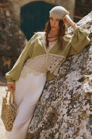 Lace Detail Muslin Blouse Yellow