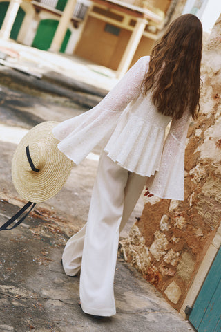 Embroidered Tie Detail Blouse Ecru