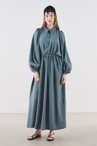 Draped Balloon Sleeve Dress With Adjustable Waist Blue