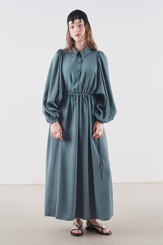 Draped Balloon Sleeve Dress With Adjustable Waist Blue
