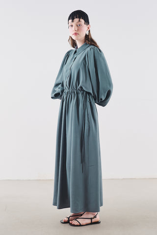 Draped Balloon Sleeve Dress With Adjustable Waist Blue