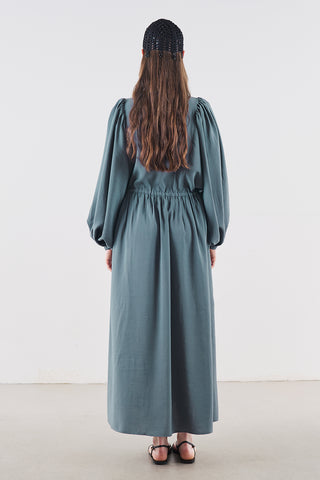 Draped Balloon Sleeve Dress With Adjustable Waist Blue