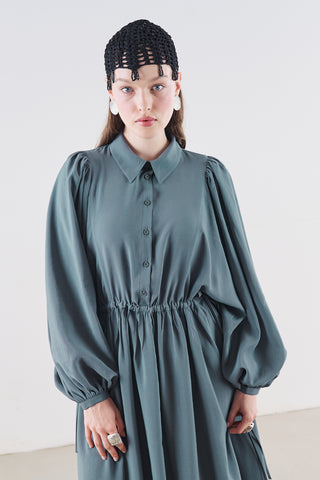 Draped Balloon Sleeve Dress With Adjustable Waist Blue