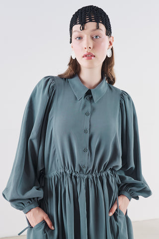 Draped Balloon Sleeve Dress With Adjustable Waist Blue