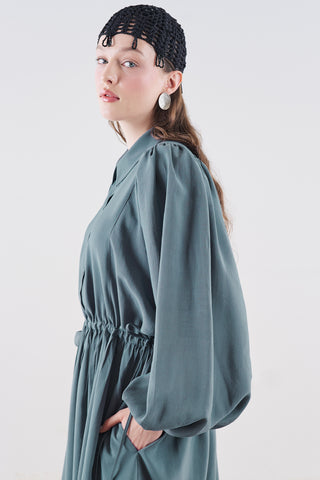 Draped Balloon Sleeve Dress With Adjustable Waist Blue