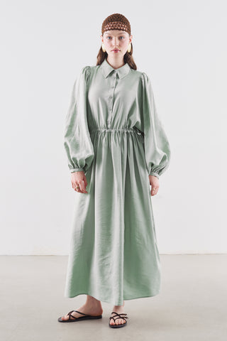 Draped Balloon Sleeve Dress With Adjustable Waist Soft Green