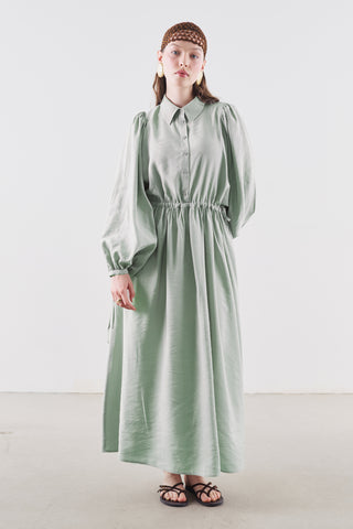 Draped Balloon Sleeve Dress With Adjustable Waist Soft Green