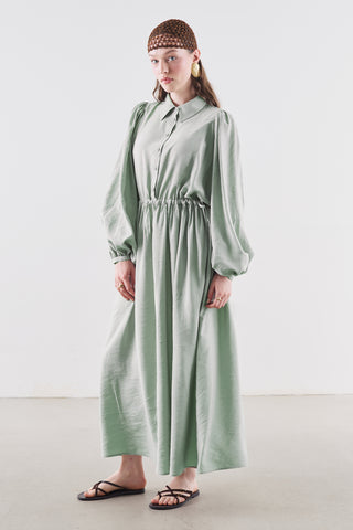 Draped Balloon Sleeve Dress With Adjustable Waist Soft Green