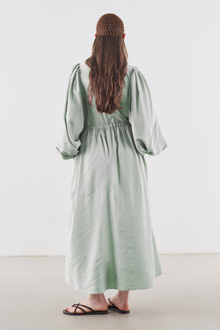 Draped Balloon Sleeve Dress With Adjustable Waist Soft Green